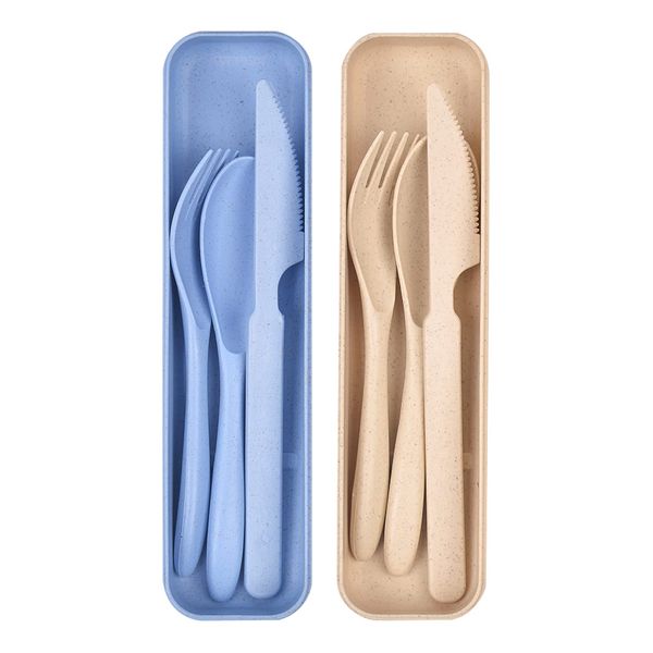 2 Pcs Travel Cutlery Set Plastic Spoon Travel Knife Fork Spoon Set with Case for Work Lunch School Camping Picnic,Reusable Spoon Fork Sets for Outdoor Tableware(Beige &Blue)