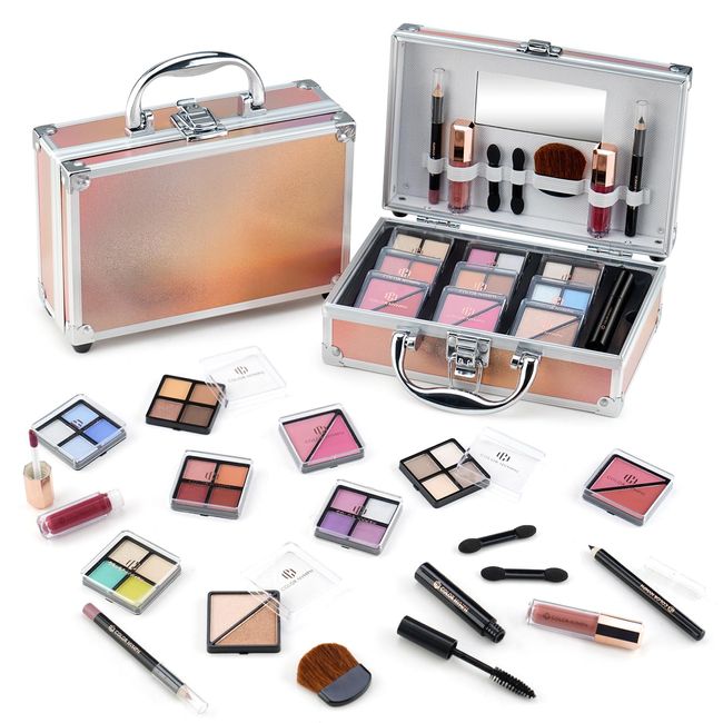 Color Nymph Beginner Makeup Kits For Teens With Train Case Included Full Makeup Kit Eyeshadow Palette Blushes Bronzer Highlighter Lipstick Brushes Mirror（Gold）