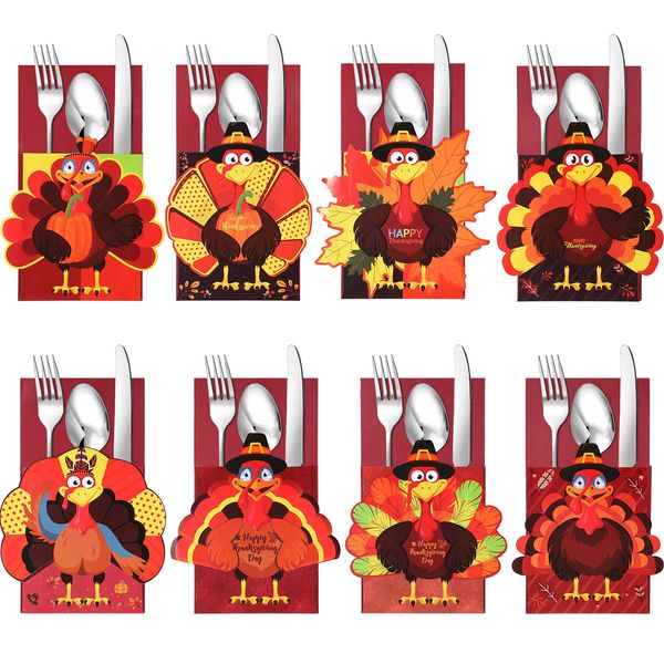 Chinco 48-Piece Thanksgiving Cutlery Holder - Silverware Holder with Turkey Utensils - Decorative Paper Pocket Pouch for Autumn Harvest, Fall Party Supply & Table Decoration