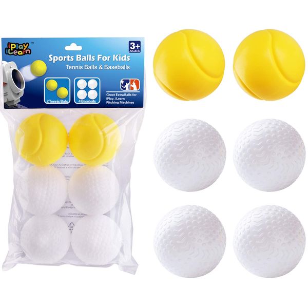 iPlay, iLearn Pitching Machine Baseball & Tennis, Plastic Replacement Balls, Sports Training Ball, 6Pcs Set, Outdoors Game Set, Active, Stocking Stuffer Gift Age 4, 5, 6, 7, 8 Year Old Kids Boys Girls