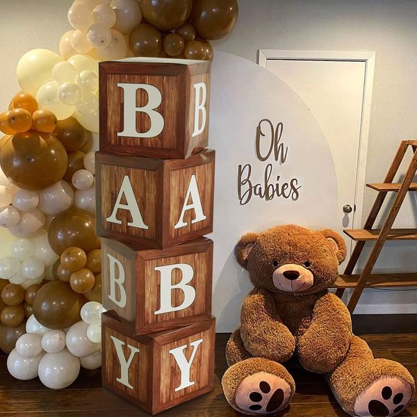 Wood Grain Printing Baby Shower Display Boxes Party Decorations, Neutral Gender Reveal Party Backdrop, Brown Teddy Bear Baby Stacking Blocks Backdrop with Letters for Boy Girl Birthday Party