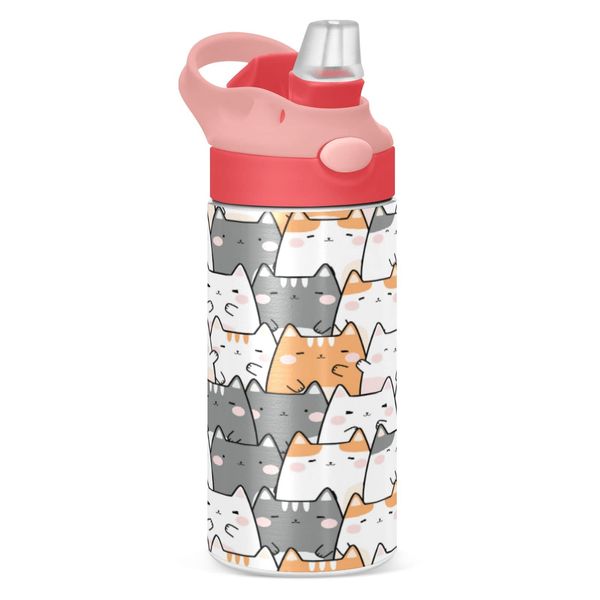 Kids Water Bottle with Straw, Cat Small Thermos Flask Thermal Insulated Stainless Steel Water Flask Sports Hot Cold, 350ml