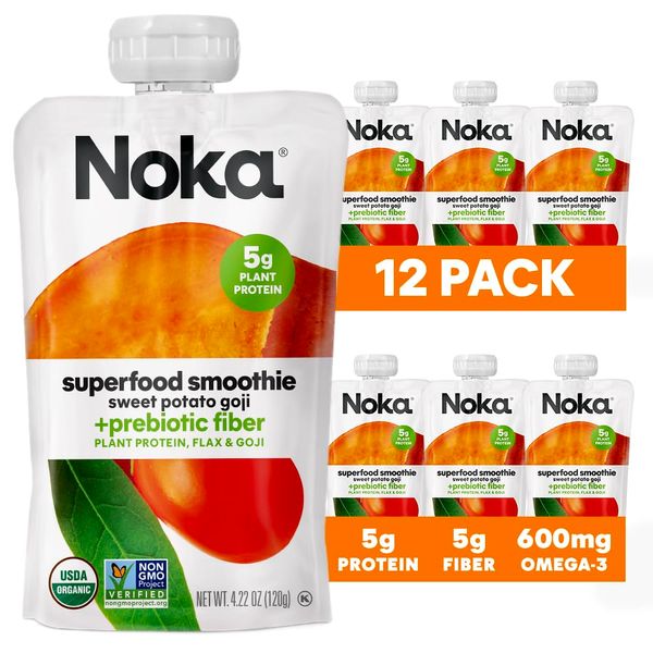 Noka Superfood Fruit Smoothie Pouches, Sweet Potato Goji, Healthy Snacks with Flax Seed, Plant Protein and Prebiotic Fiber, Vegan and Gluten Free Snacks, Organic Squeeze Pouch, 4.22 oz, 12 Count