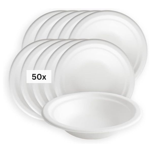 LINARIO® Suppenschale - Abbaubare Suppenterrine aus Zuckerrohr - Suppenschüssel umweltfreundliches Einweggeschirr - 400ml - 18cm breit - 50 Stück (2 x 25)