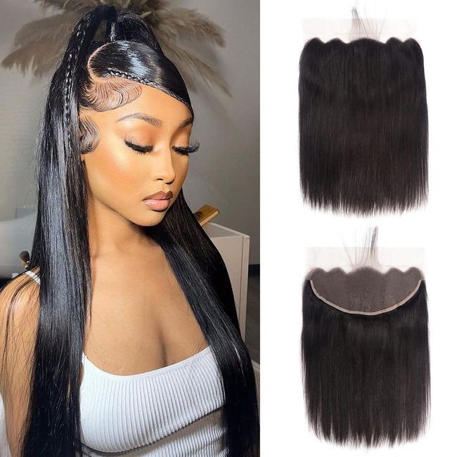 AliPearl Hair 13x4 Lace Frontal Human Hair for Women Brazilian Straight Lace Front Closure From Ear To Ear with Baby Hair Free Part Transparent Lace 150% Density Natural Black Color (10 Inch)