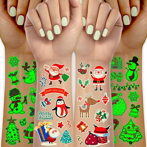 Acevegue 15 Sheets Christmas Tattoos for Kids, 170 Luminous Temporary Tattoos for Christmas Decorations, Christmas Stocking Fillers Xmas Eve Box Fillers Party Games Bags Ornaments