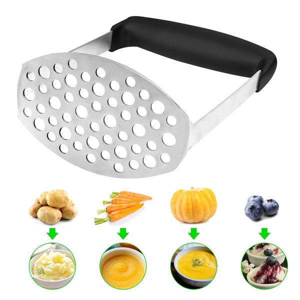 Potato Masher,Stainless Steel Baby Food Masher,Masher with Non-Slip Handle, for Mashed Potatoes, Jam, Vegetables and Fruits(Black)