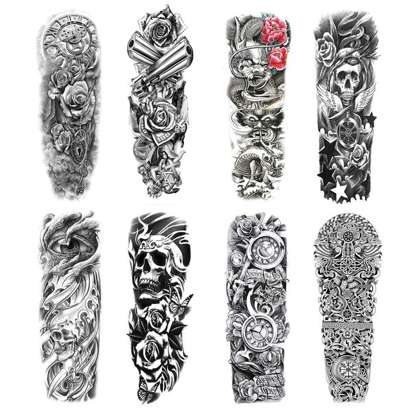 Konsait Full Arm Temporary Tattoo, 8 Sheets Large Size Temporary Tattoo Transfer Stickers Black Tattoo Sleeve Rose Skull Dragon Fake Leg Arm Tattoos for Man, Women, Waterproof, Removable, Realistic
