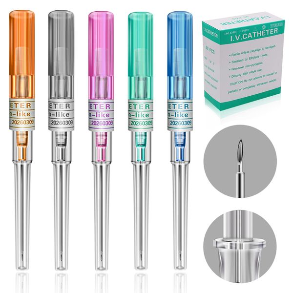 Catheter Needles - Lyuxzad 50Pcs Mixed IV Catheter Piercing Needles 14G 16G 18G 20G and 22G Ear Nose Piercing Needles Hollow Needles for Lip Tongue Navel Nipple Cartilage Belly Piercing Kit Tool