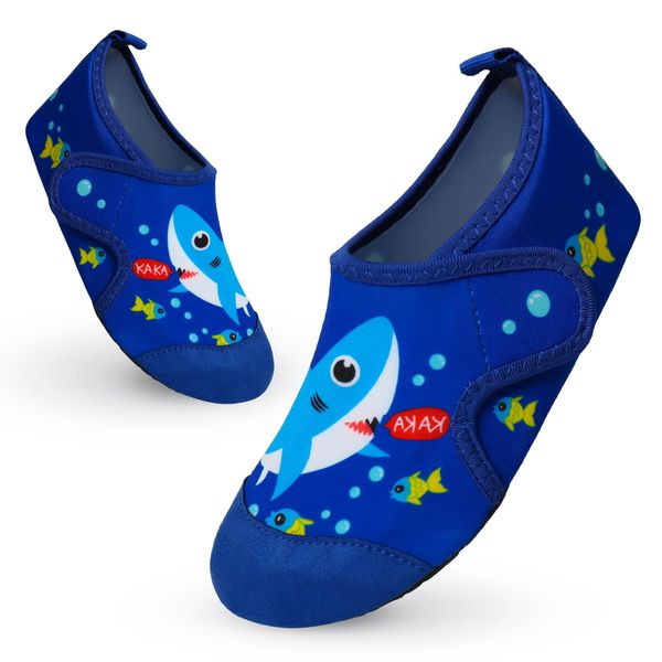 Vorvowry Badeschuhe Kinder Mädchen Jungen Wasserschuhe rutschfeste Schwimmschuhe Schnell Trocknend Aquaschuhe Leicht Strandschuhe Barfußschuhe Badesocken Kleinkinder Tiefblauer Hai 28-29