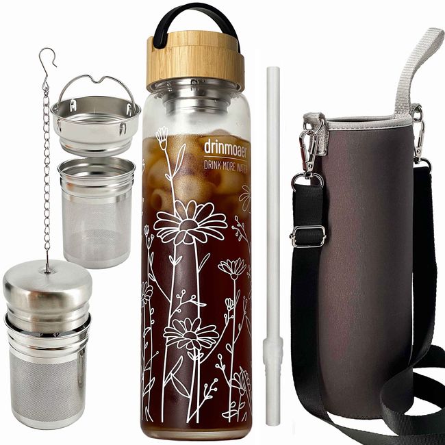 drinmoaer 1 Liter Trinkflasche Glas mit Bambus Deckel und Hülle für losen Tee, Teeflasche mit Sieb to go, Glass Water Bottle 1l (Blume)