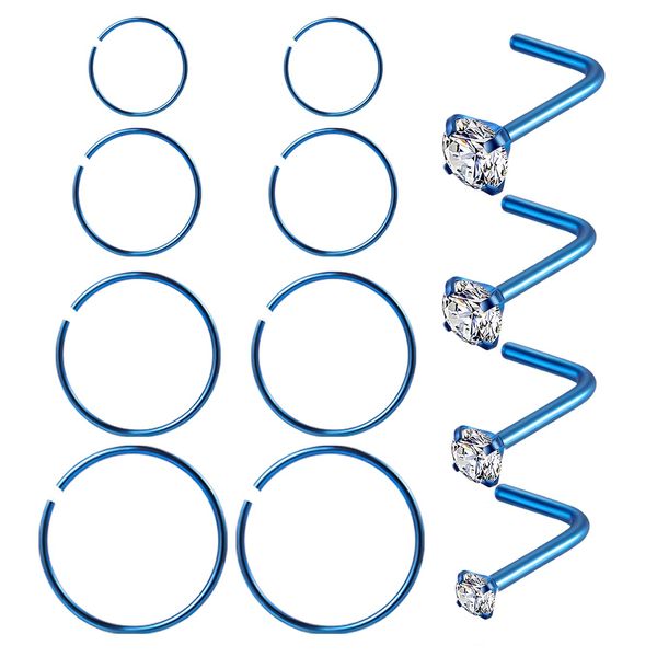 Masedy Nose Rings 12Pcs 20G 316L Stainless Steel L Shaped Nose Studs Cartilage Tragus Septum Piercing Blue