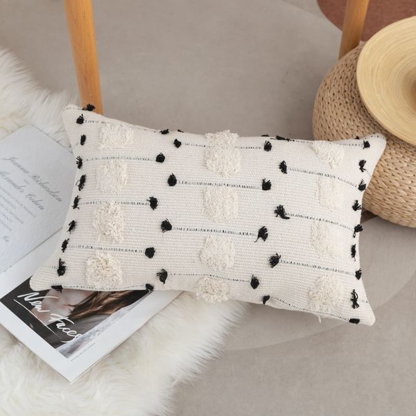 LIGICKY Boho Lumbar Pillow Covers Decorative Woven Throw Pillows Rectangle Pillow Sham Black and Beige Off White Pillowcase for Couch Sofa Bed Car 12x20 Inch