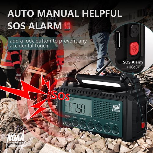 Emergency NOAA Weather Radio, Hand Crank Solar AM/FM/SW Shortwave Radio for Survival With Camping Flashlight, Reading Lamp, Phone Charger, SOS Alarm, Clock, LCD Display