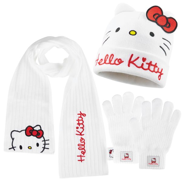 Hello Kitty Girls 3 Piece Hat Scarf Gloves Set, White