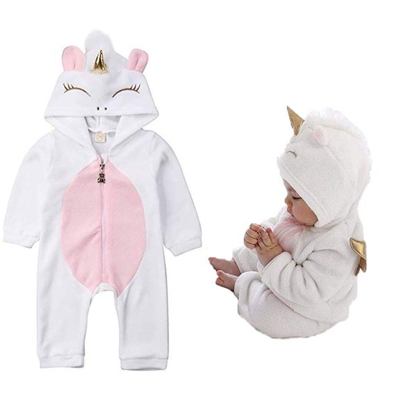 HINTINA Baby Girls 3D Unicorn Angel Wings Hooded Zipper Romper Jumpsuit Christmas Outfits Clothes Pink White