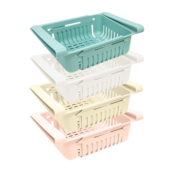 Joejis Set of 4 Fridge Organizer Rack Inserts, Plastic Fridge Storage Containers, Retractable Fridge Organisers (Blue, White, Pink, Beige)