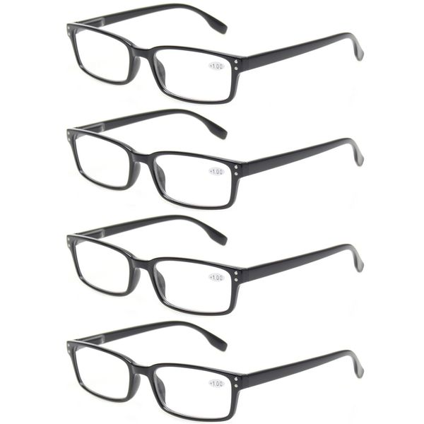 Kerecsen 4-Pack Rectangular Retro Style Men Reading Glasses Spring Hinges Comfortable Readers (+0.75, 4 Pack Black)