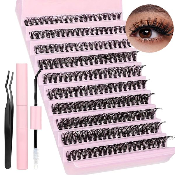 INBOLM Eyelash Extenisons Kit D Curl Cluster Lashes with Bond Seal Lash Glue 200Pcs Wispy Lashes Individual Cluster Kit 9-16MM Individual Eyelashes DIY Lash Extensions at Home (Kit,40D-0.07D-8-18mix)