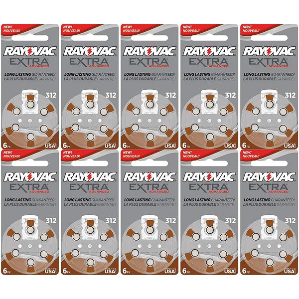 60 x Size 312 Rayovac Extra Advanced Hearing Aid Batteries