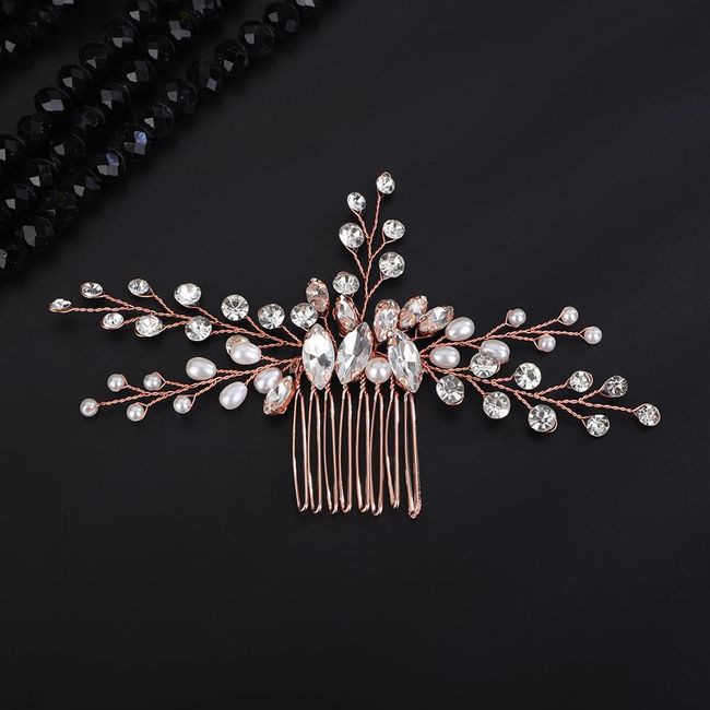 Teyglen Crystal Bridal Hair Comb Rhinestone Wedding Hair Comb with Pearl Bride Hair Accessories Bridal Side Comb Crystal Hair Piece for Women Girls (Rose gold)