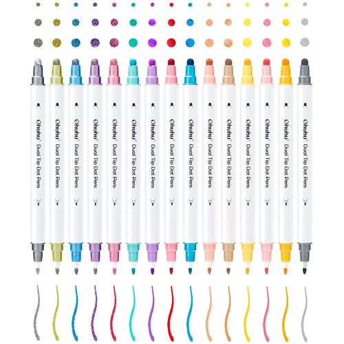 Ohuhu Dot Pens, 15 Colors Set, 0.5mm, Press Dot Markers, Metallic and Basic Colors, Dot Color Pens, Water-Based Pens, Drawing Set, DIY Memo, Coloring, Doodling
