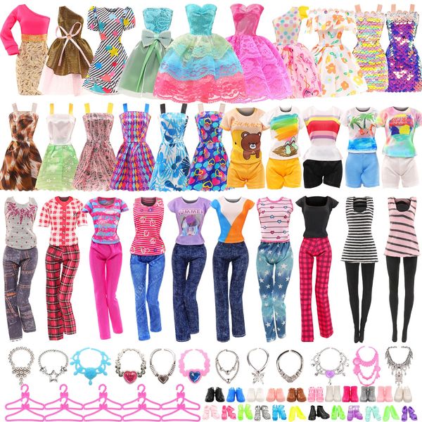 BARWA 42 Pack Doll Clothes and Accessories 5 PCS Fashion Dresses 5 Tops 5 Pants Outfits 6 PCS Mini Dresses 10 Shoes 6 Necklace 10 Hangers for 11.5 inch Doll