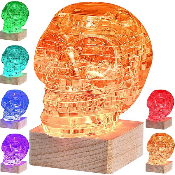 3D Skull Crystal Puzzle, 3D Puzzle Crystal Assembly Brain Teaser with Light-Up Wood Base, Plastic Crystal Puzzle, Fun Model Toy Gift Decoration for Adults & Kids Age 14 and Up, Clear, 49 Pieces