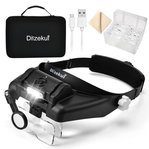 Dilzekui Head Mount Magnifier with LED Light, Rechargeable Black Headband Magnifier, Head-mounted Magnifying Glass with 6 Detachable Lens,Carry Case, Hands Free Magnifying Glasses for Close Work Craft