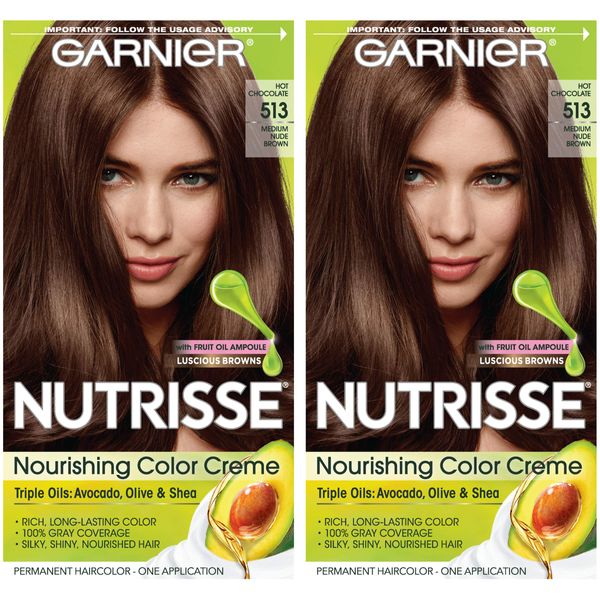 Garnier Hair Color Nutrisse Nourishing Creme, 513 Medium Nude Brown (Hot Chocolate) Permanent Hair Dye, 2 Count (Packaging May Vary)