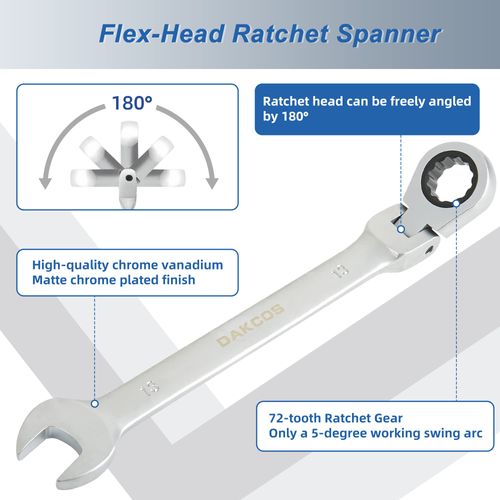 DAKCOS Flexible Head Ratchet Combination Wrench Spanner 7mm Chrome Vanadium Steel