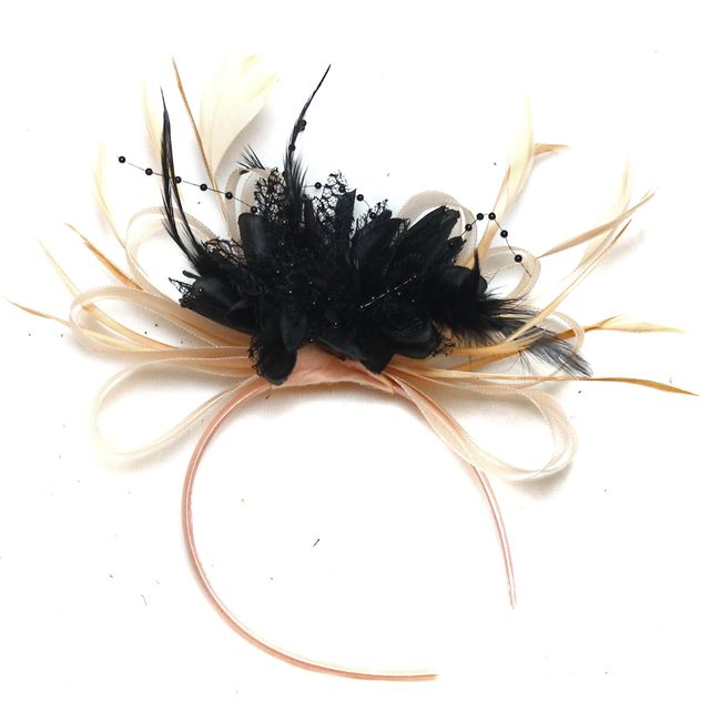 Caprilite Fashion Nude Salmon and Black Feather Hair Fascinator Headband Wedding Royal Ascot Races Ladies