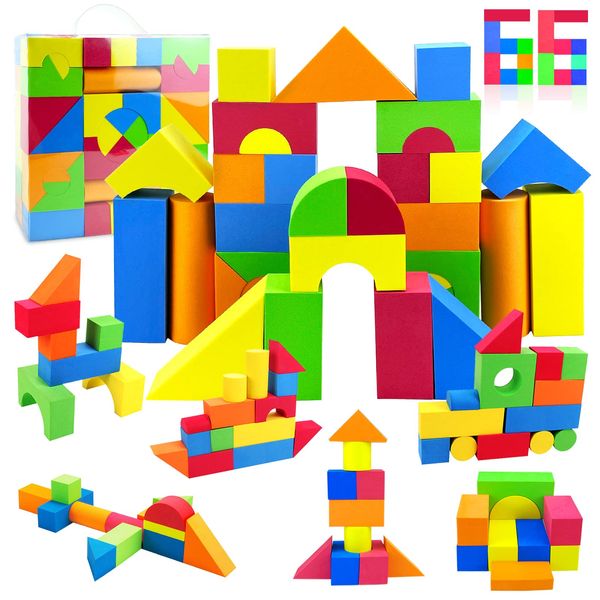 Hymaz 66 Pieces Building Blocks, Soft EVA Material Blocks, Bath Toys, Building Blocks Toys, Kids Building Blocks, Lightweight, DIY, Colorful, Soft, Imagination, Creativity, Boys, Girls, Gift, Birthday