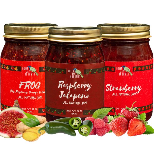 Green Jay Gourmet Favorites Jam Collection - Raspberry, FROG, & Strawberry Jam - All-Natural Fruit Jam Bundle - Vegan, Gluten-free Jam - No Preservatives or Corn Syrup - Made in USA - 3 x 20 Ounces