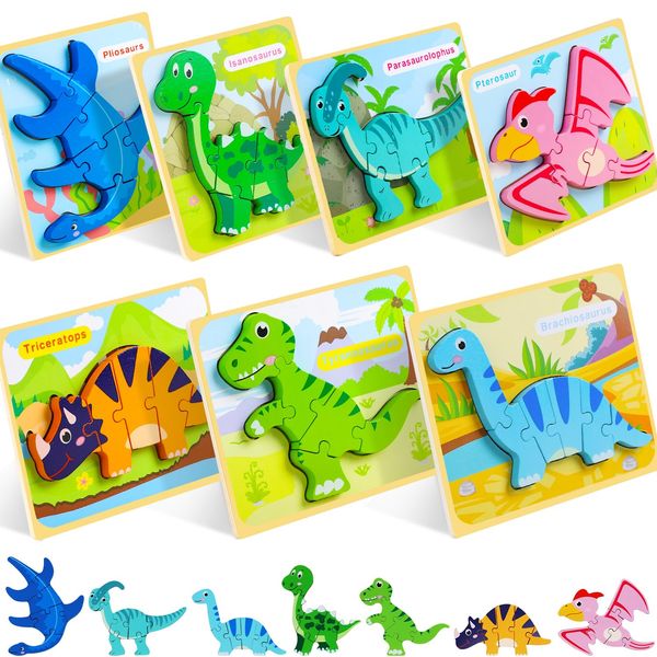 TOY Life Toddler Puzzles Ages 2-4, Wooden Puzzles for Toddlers 1-3, 7 Piece Dinosaur Puzzle 2 Year Old, Toddler Puzzles Ages 1-3, Toddler Boy Toys 2-3, Educational Toys for Toddlers 1-3