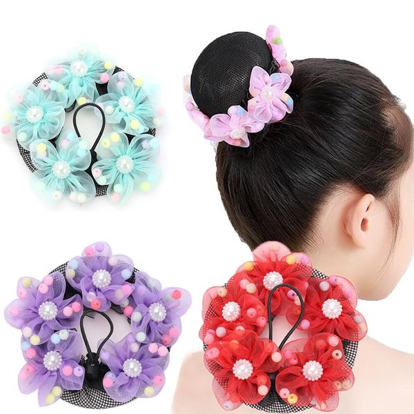 4PCS Girls Ballet Bun Covers Mesh Ballet Dance Skating Bun Covers with Flowers Elastic Band Dancer Ballet Skating Gymnastics Performance Hair Net Accessories