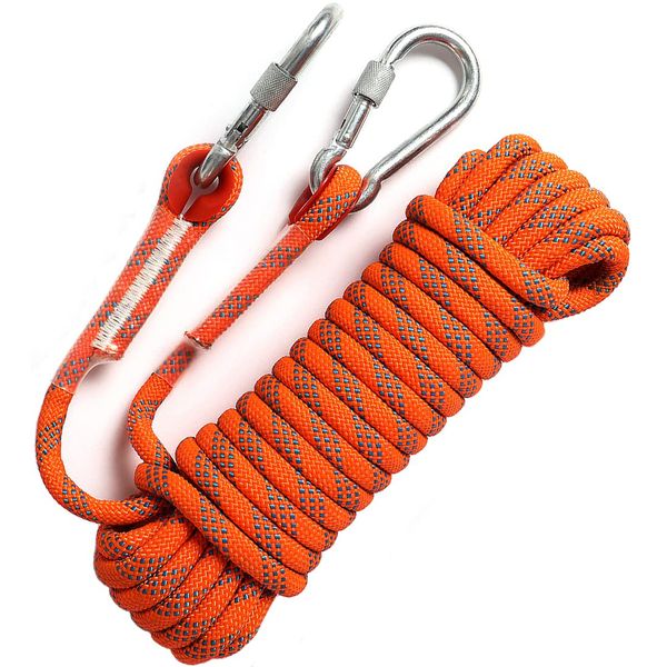 GINEE 10mm Static Rock Climbing Rope 35FT Outdoor,Safety Ropes with Carabiner,Magnet Fishing Rope Orange,Arborist Tree Climbing,Rescue Grappling Lifeline,Escape Descender Abseiling Rope