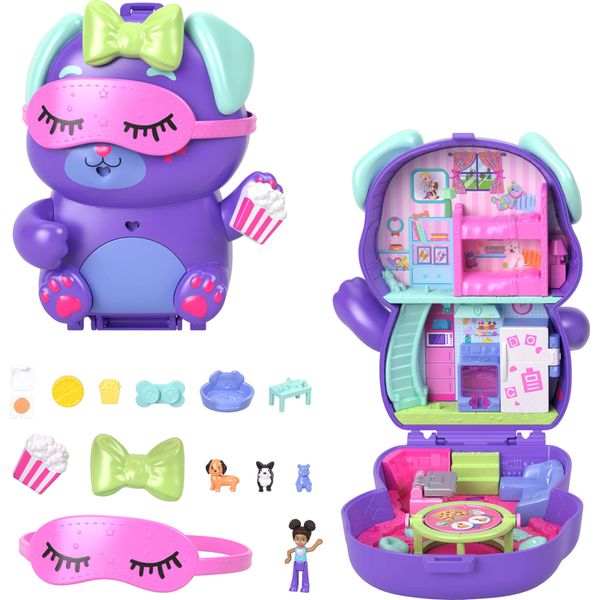 Polly Pocket Dolls and Playset, Sleepover Puppy Compact, Travel Toy with 1 Micro Doll, Pet Dogs, Food & Fashion Styling Accessories