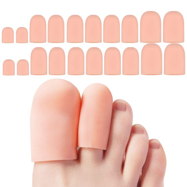 20 Stück Silikon Zehenschutz Gel Zehenkappen Weiche Zehenpolster Gel Zehenkappen Zehenschoner Zehenpflaster Zehentrenner Schutzkappe Toe Ärmel Bunion Abdeckung für Blasen Hühneraugen, 3 Größen Nackt