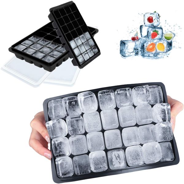 LessMo Eiswürfelform, 2 Stück Silikon Eiswürfelform mit Deckel Ice Cube Tray, Eiswürfelformen für Cocktail, Whisky, Babynahrung, BPA-frei, 28-Fach, Schwarz