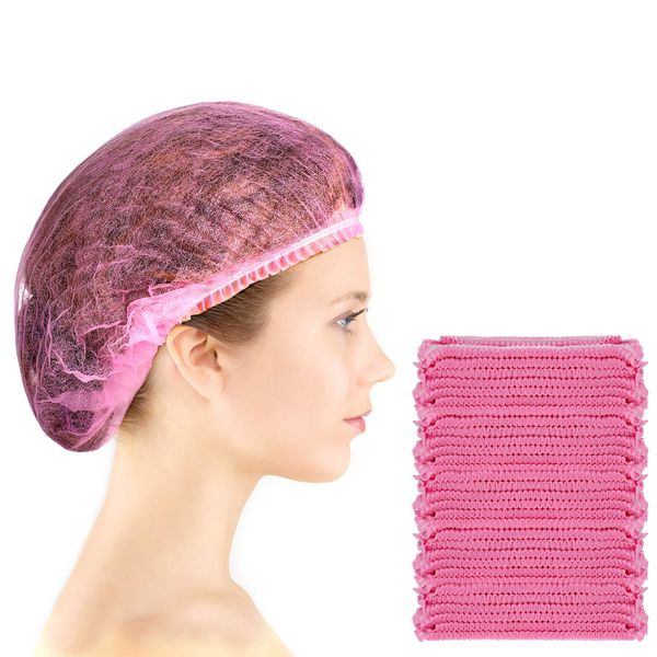 100 Pieces Hair Caps 21 Inch Non-woven Caps Hair Net Elastic Cap Head Hair Cover Hats for Cosmetics, Beauty Salon (Pink)