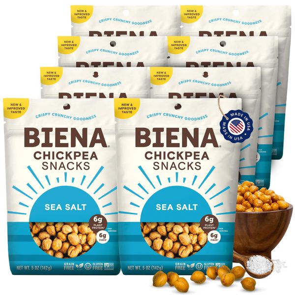 BIENA Chickpea Snacks - Crunchy Roasted Chickpeas - High Fiber Vegan Protein Snacks for Adults and Kids - 8-Pack, 5 Ounce Bags - Sea Salt