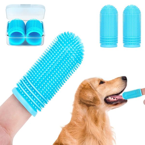 Dog Finger Toothbrush 2 Pack Silicone Dog Toothbrush for Dog Dental Care,Upgrade Full-Surrounded Bristles Dog Tooth Brush with Storage Case,Easy Dog Teeth Cleaning (Blue)