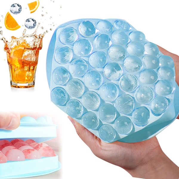 Eiskugelform Silikon Eiswürfelform mit Deckel, 37-Fach Eiskugelform BPA-Frei Eiswürfelbehälter Mit Ablaufloch, Ice Cube Tray Eiswürfel Kugel Für Getränke, Whisky, DIY Projekte, Fruchteiswürfel - Blau