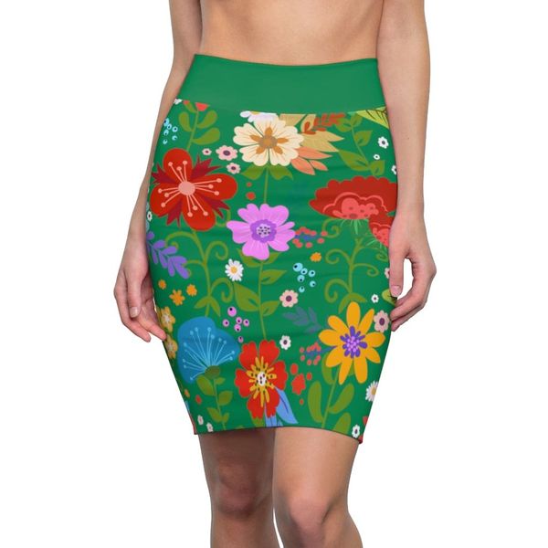 Womens Pencil Skirt, High Waist Stretch, Multicolor Floral Print, Green - M / 4 oz.