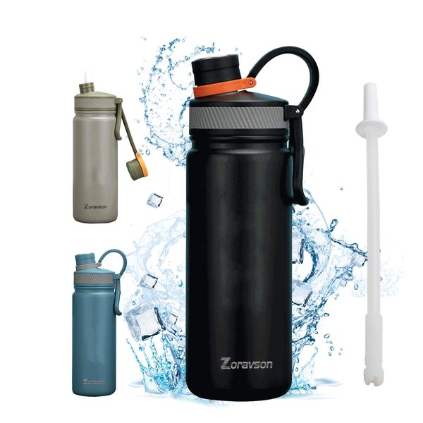 Zoravson Insulated Water Bottles 680ml,with Silicone Straws,Double Wall Vacuum Insulated Flask&Thermos,Bpa Free,Perfect for Sports, Gym, Office, and Outdoor Activities (Black)