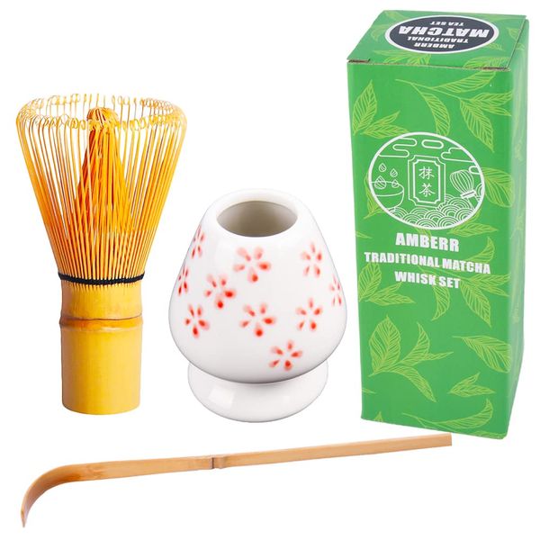 Amberr Matcha Whisk Set 3 pcs-Handmade Bamboo Whisk and Holder, Tea Scoop (Matcha Stirrer 100 Prong)- Traditional Japanese Matcha Kit, Ceramic Whisk Holder for Japanese Tea Ceremony