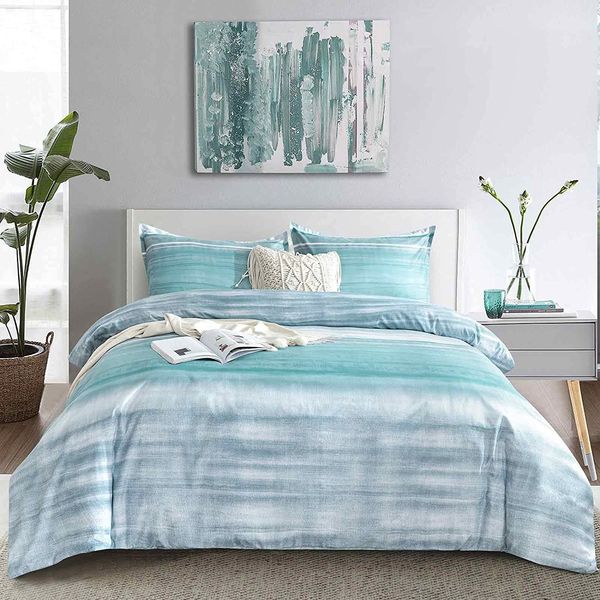 ETDIFFE Teal Duvet Cover Queen Size, 3pc Modern Grey and Blue Gradient Striped Microfiber Comforter Cover Set, Farmhouse Soft and Lightweight Abstract Ombre Pattern Quilt Cover (90x90) for Women Teen