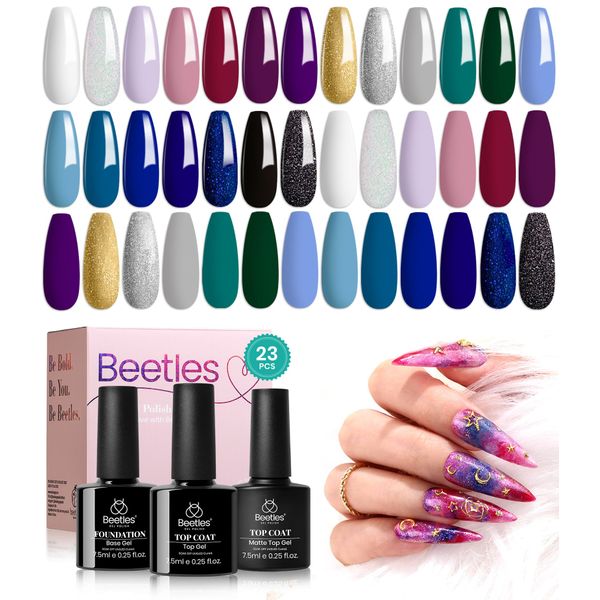 Beetles Gel Nail Polish Kit, 20 Pcs Celestial Collection Soak off Nail Gel Black Polish White Blue Glitter Gel Polish Starter Kit with Gel Base Top Coat Brushes Stickers Rhinestone Gel Essential Kit