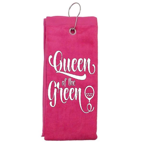 Queen of The Green Girl Woman Tri-fold Golf Towel with Grommet & Hook Club Ball Tee Golfing Gift Birthday Variety Colors Towels Vinyl